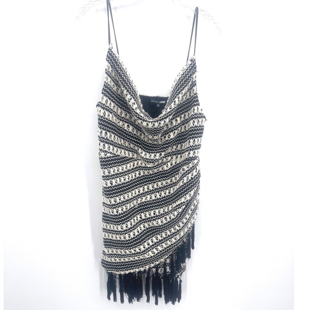 Fashion Nova Bali Mami Crochet Mini Dress Black White Fringe Tassel Large NWT - Picture 3 of 7